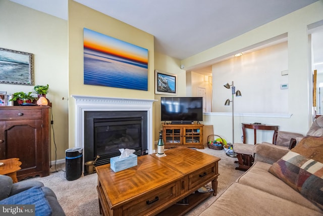 living area with a glass covered fireplace and carpet