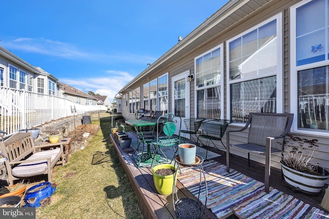 deck with a residential view, a lawn, and a fenced backyard