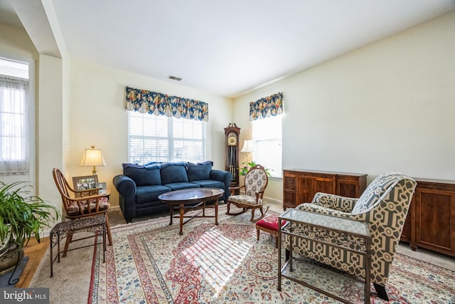 living room featuring visible vents