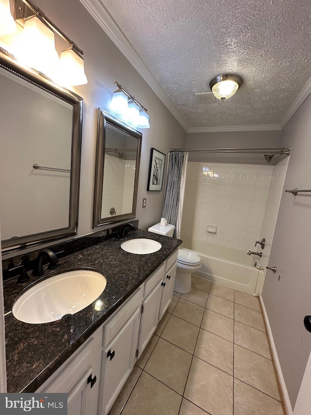 full bathroom with toilet, crown molding, vanity, shower / bath combination with curtain, and tile patterned flooring