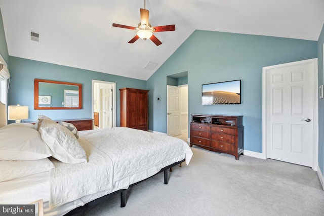 bedroom featuring carpet, visible vents, a ceiling fan, high vaulted ceiling, and baseboards