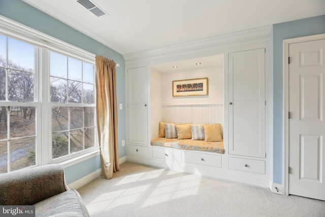 mudroom featuring carpet, visible vents, crown molding, and baseboards