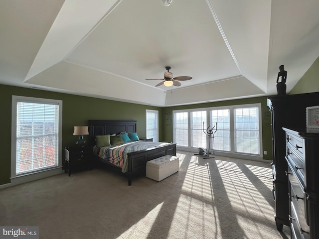 carpeted bedroom with ceiling fan and a tray ceiling