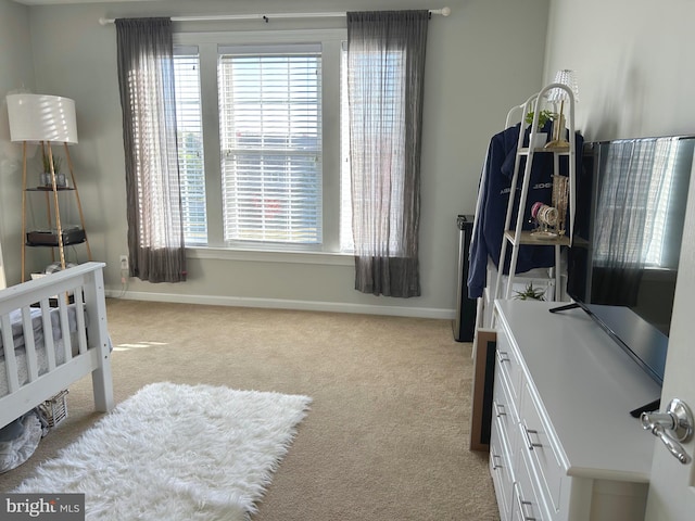 bedroom with light carpet