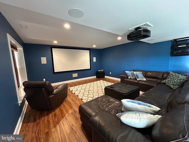 home theater featuring wood-type flooring