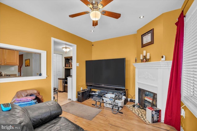 living room with ceiling fan and light hardwood / wood-style flooring