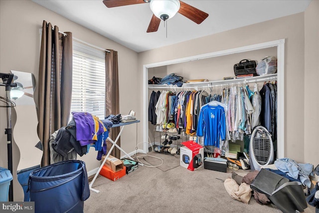 interior space featuring carpet, a closet, and ceiling fan