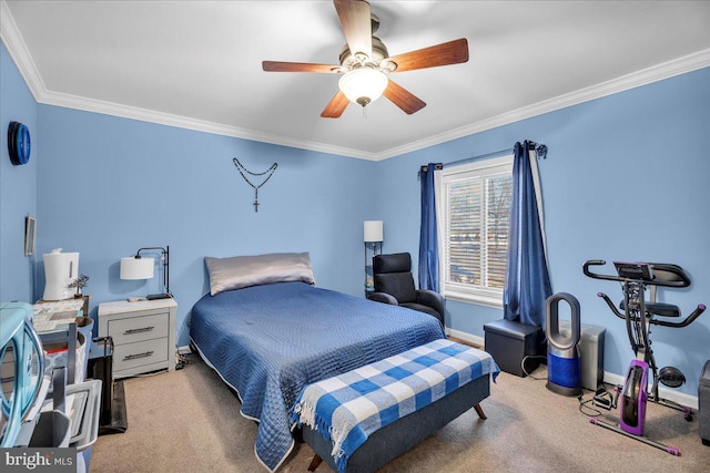 bedroom featuring light carpet, ceiling fan, and crown molding