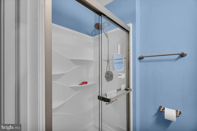 bathroom with a shower with shower door