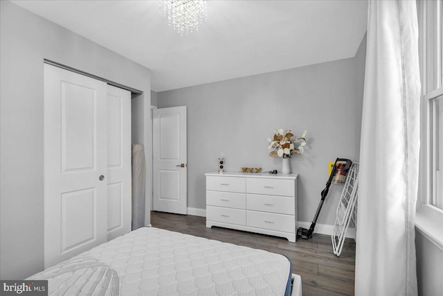 bedroom featuring dark hardwood / wood-style flooring, a closet, and a notable chandelier