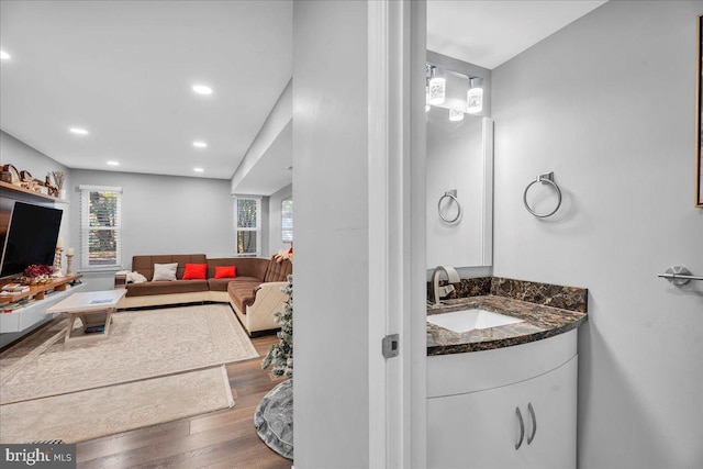 bathroom featuring wood-type flooring and vanity