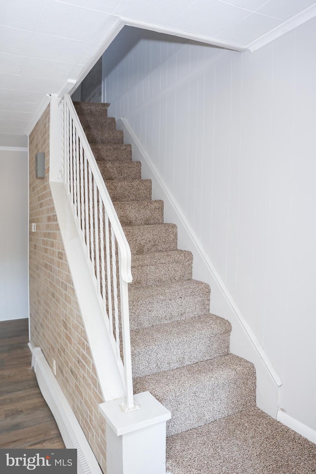 staircase featuring ornamental molding and hardwood / wood-style floors