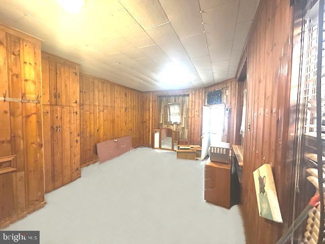 interior space featuring carpet floors and wood walls