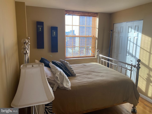 bedroom with hardwood / wood-style flooring and a closet