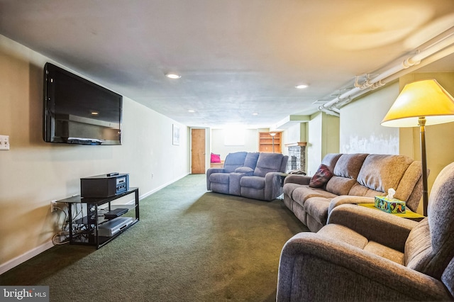 living room featuring dark colored carpet