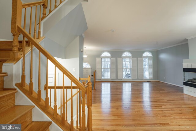 living room featuring ornamental molding, a fireplace, and light hardwood / wood-style flooring