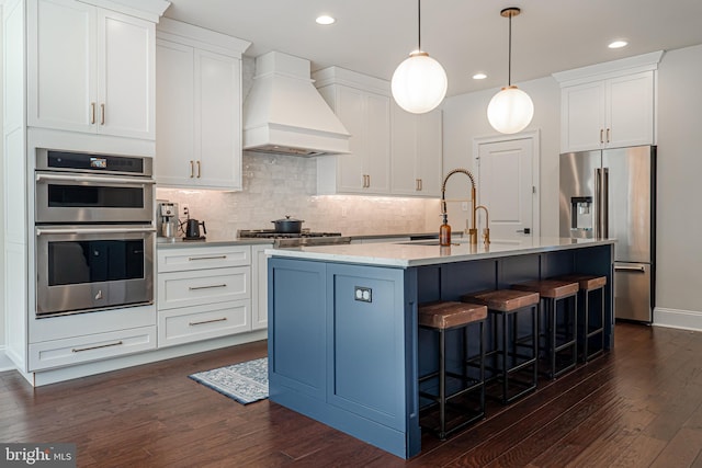 kitchen with appliances with stainless steel finishes, a sink, custom exhaust hood, and dark wood-style floors