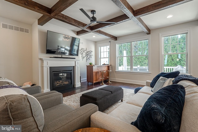 living area featuring baseboards, visible vents, coffered ceiling, a glass covered fireplace, and dark wood-style floors