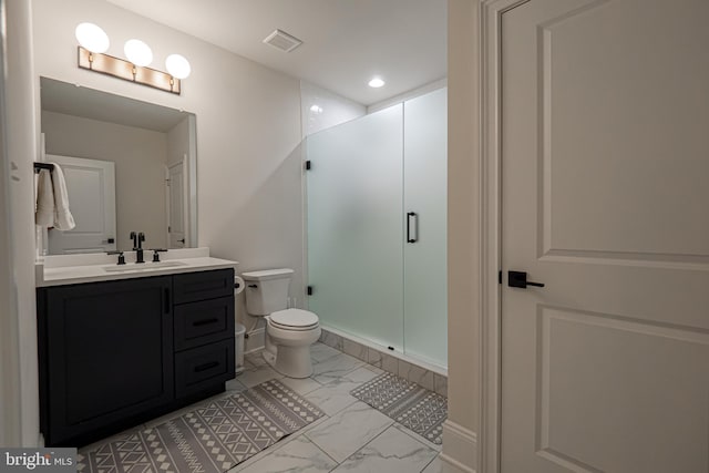 full bath featuring marble finish floor, visible vents, toilet, a shower stall, and vanity