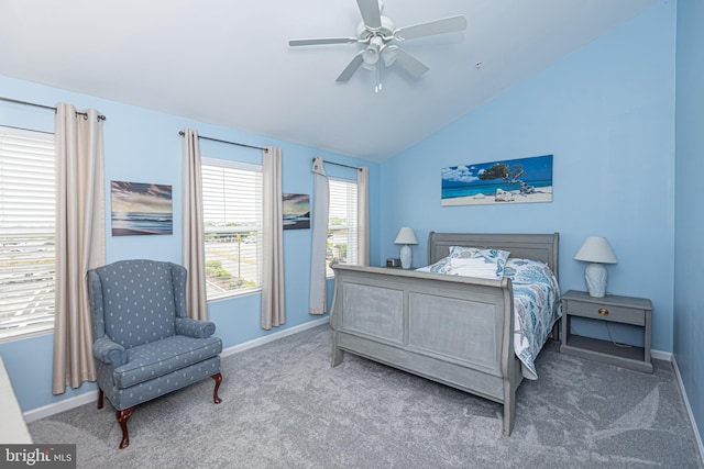 bedroom featuring ceiling fan, lofted ceiling, and carpet floors