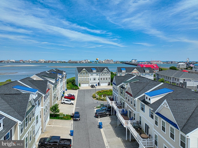 bird's eye view with a water view