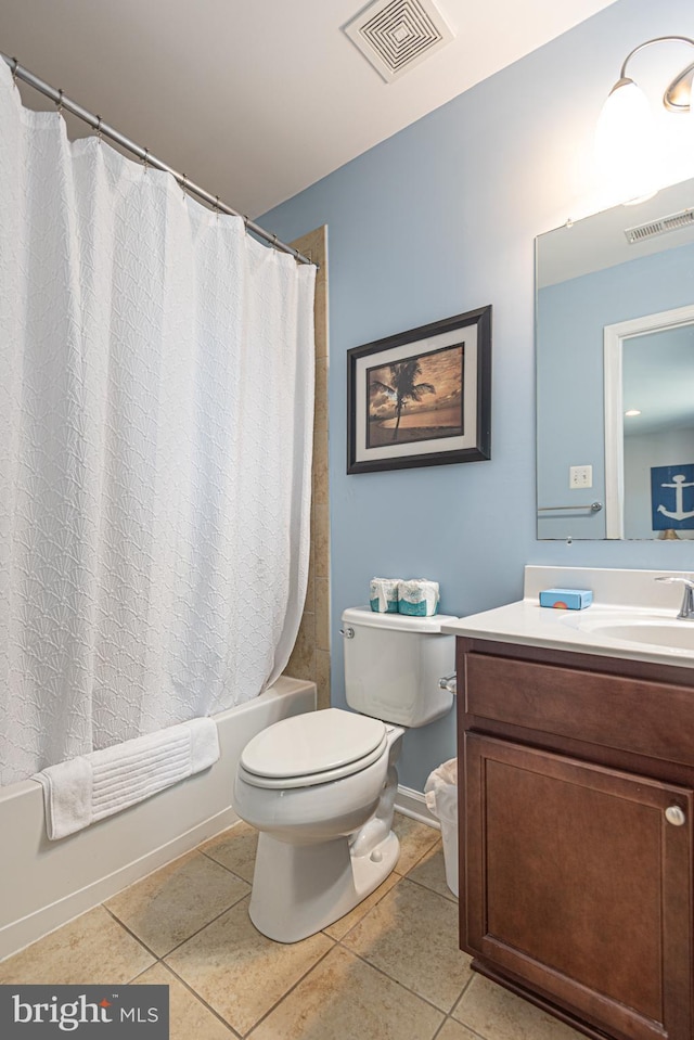 full bathroom with toilet, tile patterned flooring, shower / tub combo with curtain, and vanity