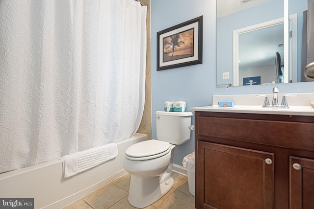 full bathroom with toilet, shower / bathtub combination with curtain, tile patterned floors, and vanity