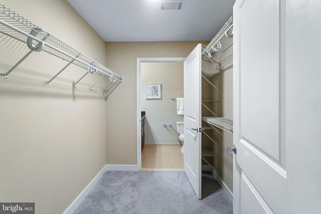 spacious closet featuring light colored carpet