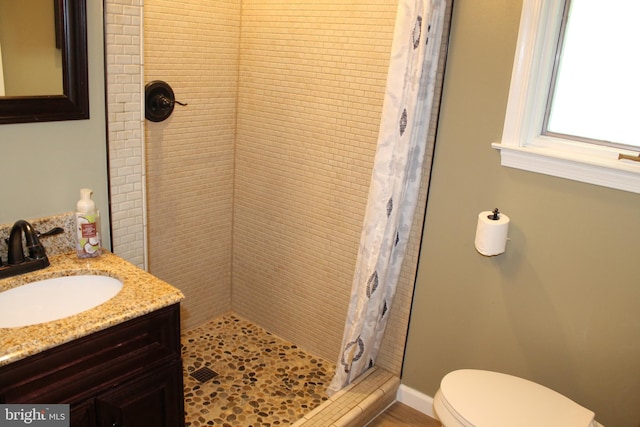 bathroom featuring a shower with curtain, vanity, and toilet