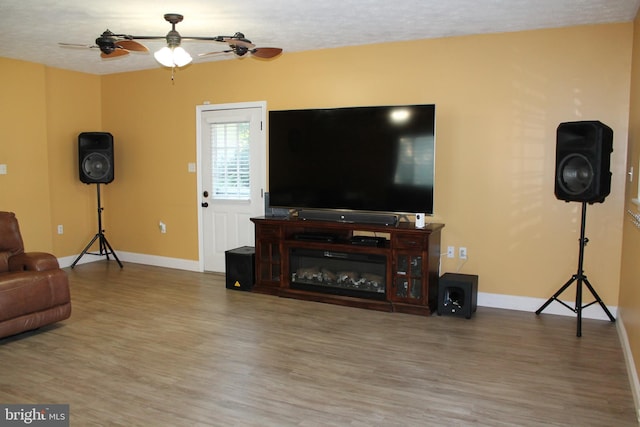 living room featuring ceiling fan and wood-type flooring