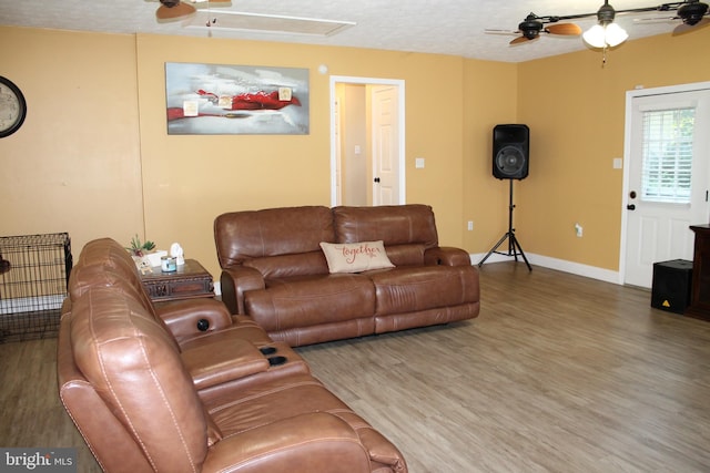 living room with a textured ceiling and dark hardwood / wood-style flooring