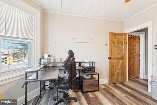 office with ornamental molding, baseboards, and wood finished floors