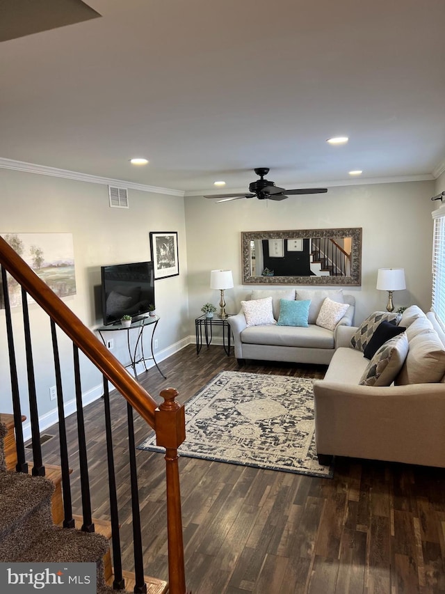 living room featuring ceiling fan, ornamental molding, and dark hardwood / wood-style floors