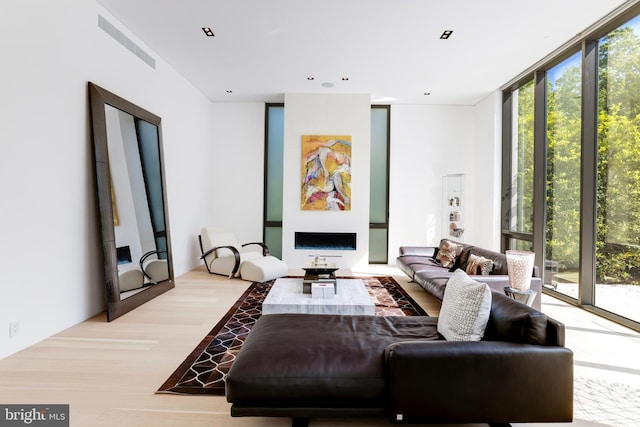 interior space featuring a fireplace, expansive windows, and light hardwood / wood-style flooring