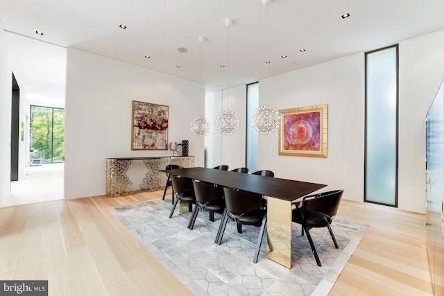 dining space with floor to ceiling windows and light hardwood / wood-style flooring