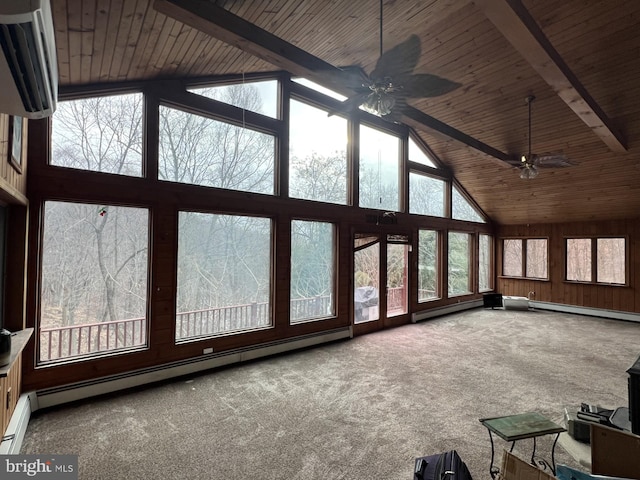 unfurnished sunroom with wooden ceiling, a baseboard radiator, a healthy amount of sunlight, and vaulted ceiling with beams