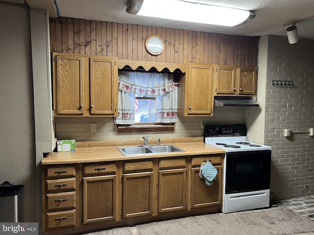 kitchen featuring electric range oven, wooden walls, light carpet, and sink