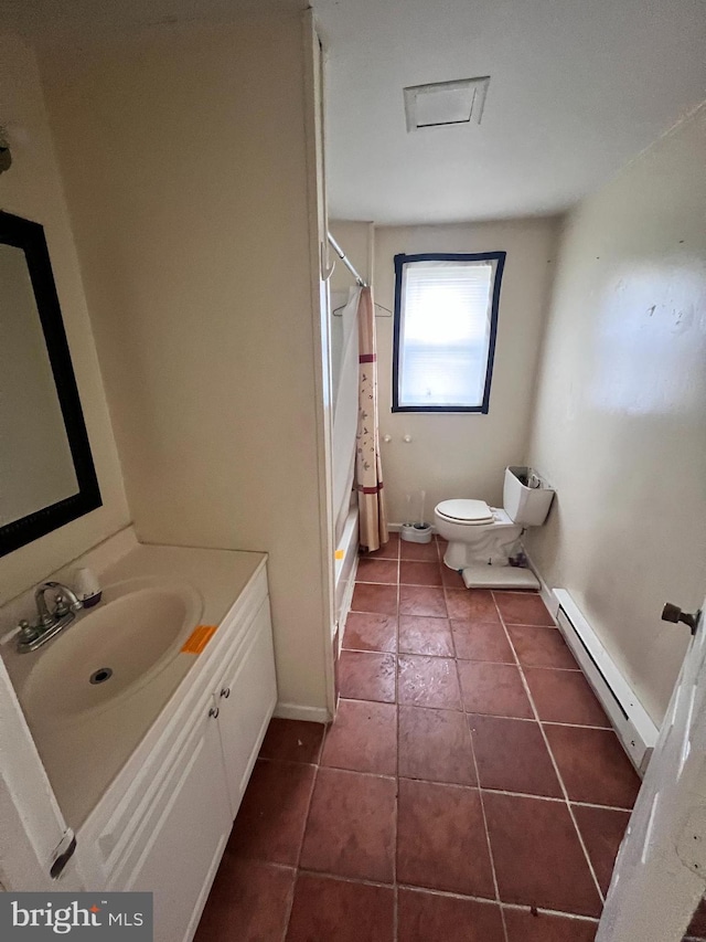 full bathroom with toilet, shower / bath combo with shower curtain, baseboard heating, tile patterned floors, and vanity