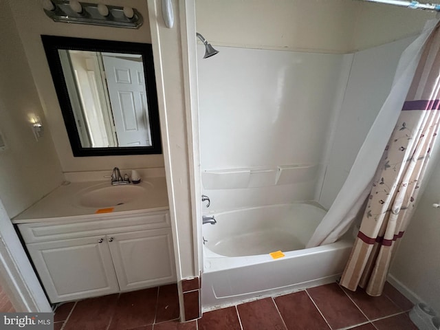 bathroom with tile patterned floors, shower / tub combo with curtain, and vanity