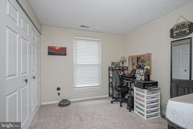 office with a textured ceiling and light colored carpet