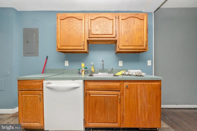 kitchen with dishwasher, sink, electric panel, and dark hardwood / wood-style flooring