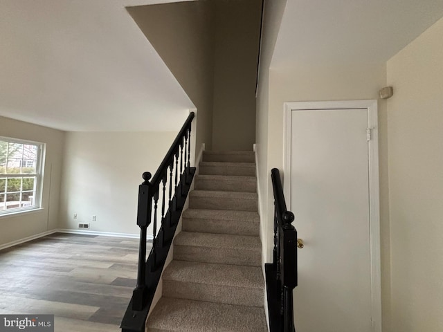 stairs with hardwood / wood-style flooring