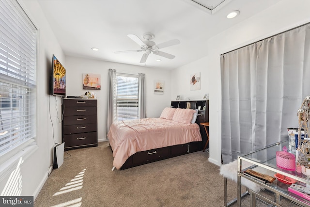 bedroom featuring ceiling fan and carpet floors