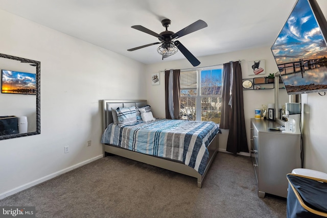 bedroom featuring ceiling fan and dark carpet