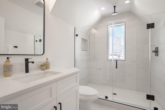 bathroom featuring vanity, lofted ceiling, toilet, and walk in shower