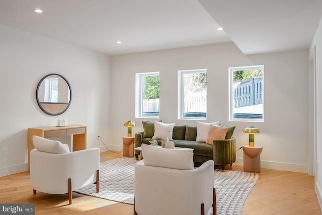 living room with a wealth of natural light and light hardwood / wood-style floors