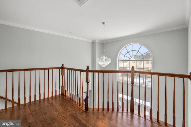 hall featuring dark wood-type flooring, ornamental molding, and a chandelier