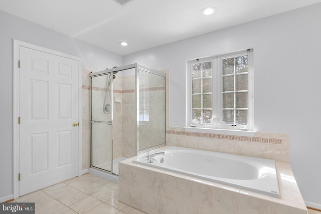 bathroom with plus walk in shower and tile patterned floors