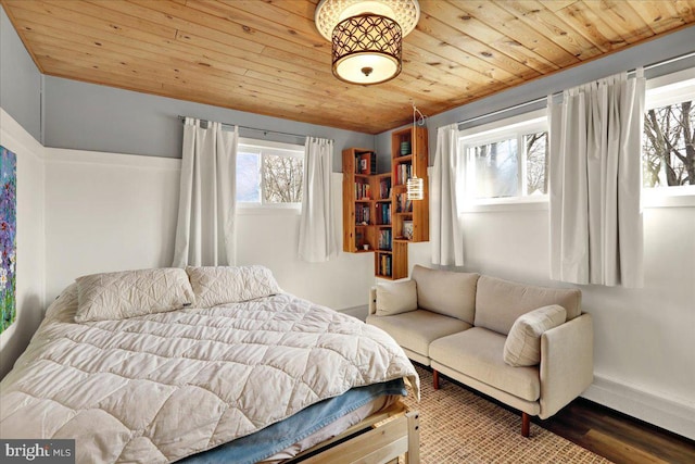 bedroom featuring wood ceiling, baseboards, and wood finished floors