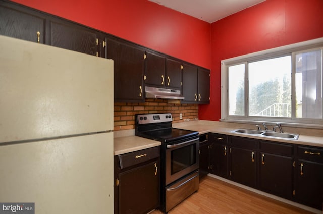 kitchen with white fridge, light wood-type flooring, stainless steel electric range, sink, and tasteful backsplash